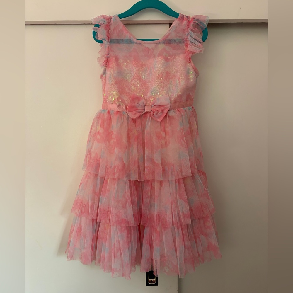 Jona Michelle Pink Tiered Tulle Dress with Waist Bow